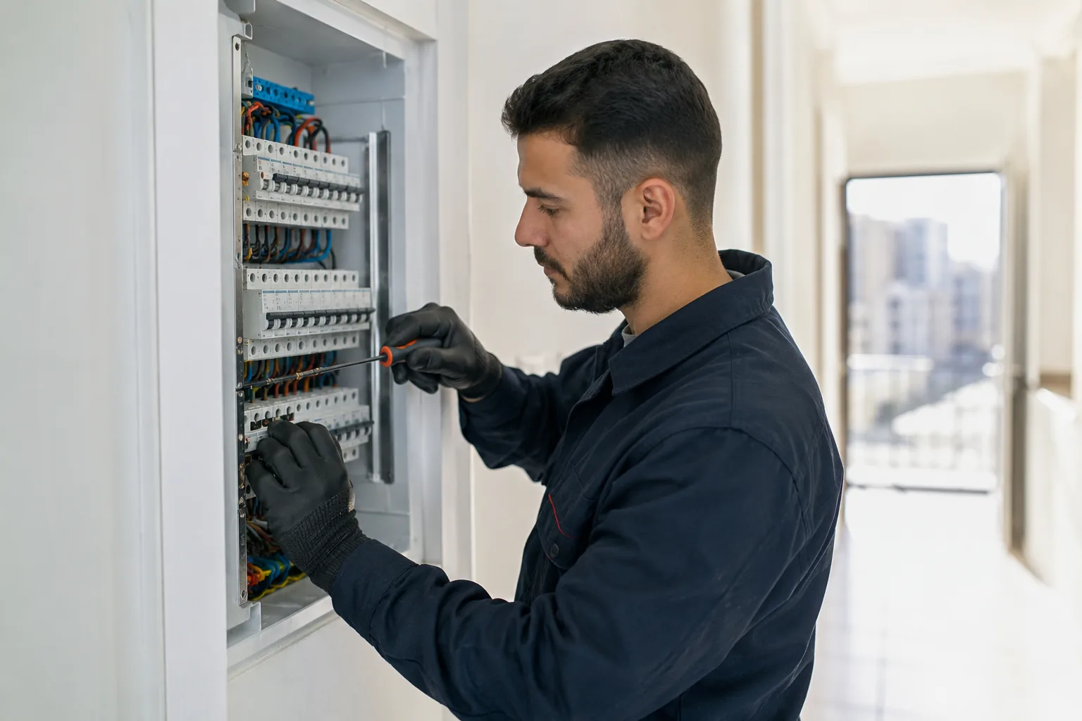 Electrician inspecting a distribution board in a Beirut building