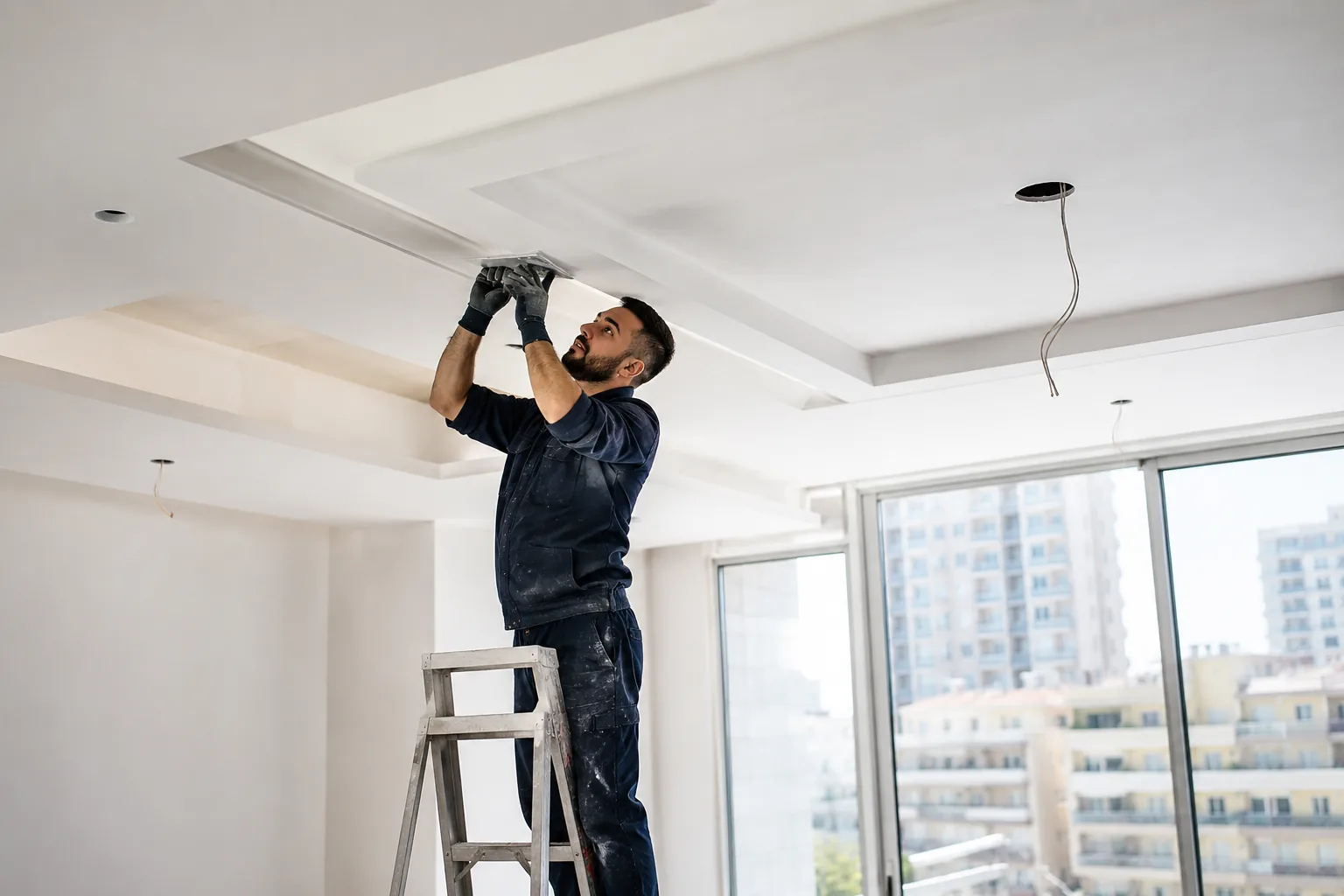 Gypsum false ceiling under construction concealing ductwork