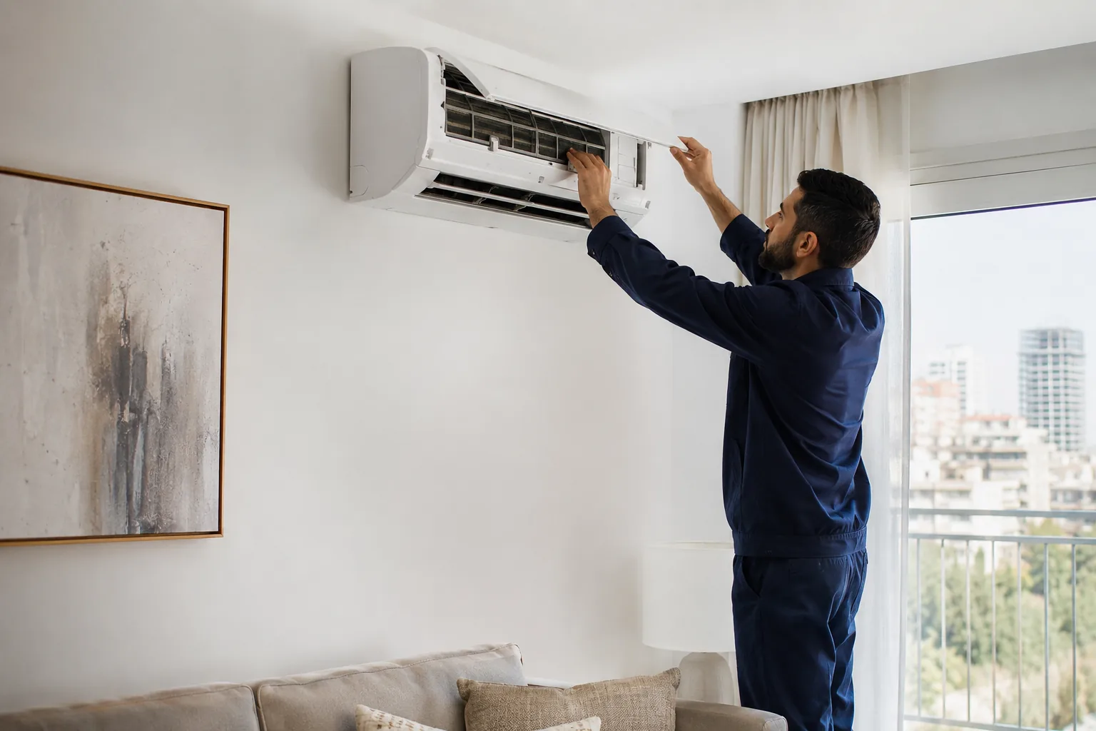 HVAC technician servicing a split air conditioning unit