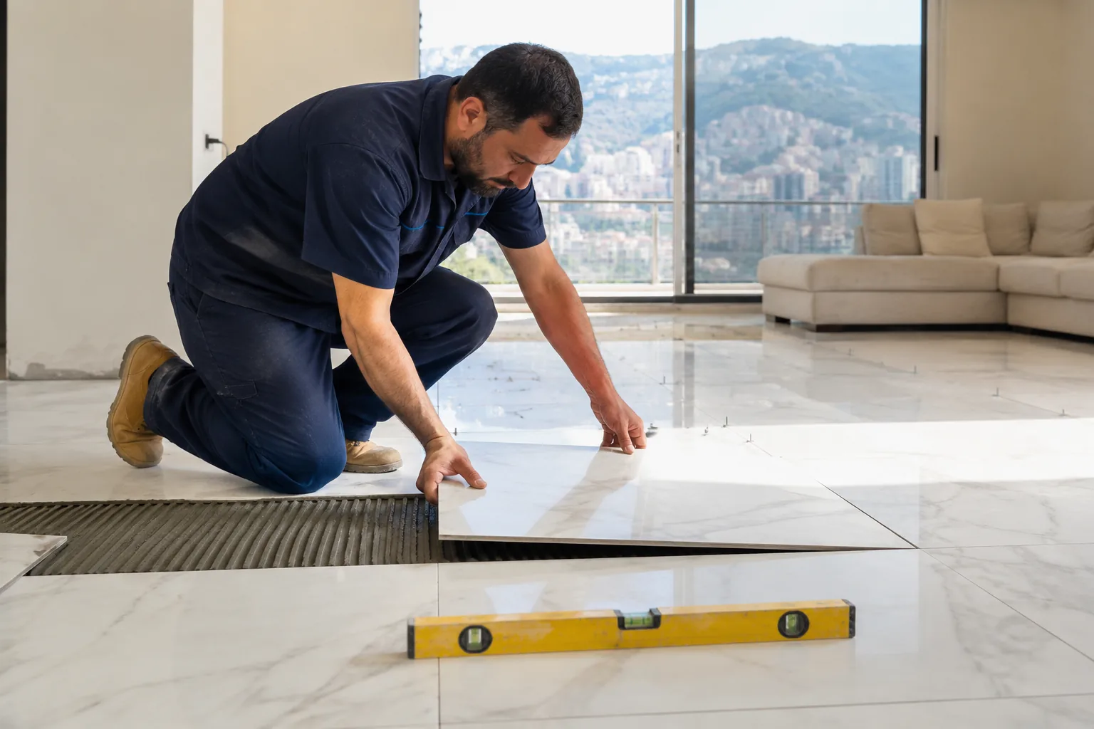 Large-format tiling and marble work in a completed bathroom
