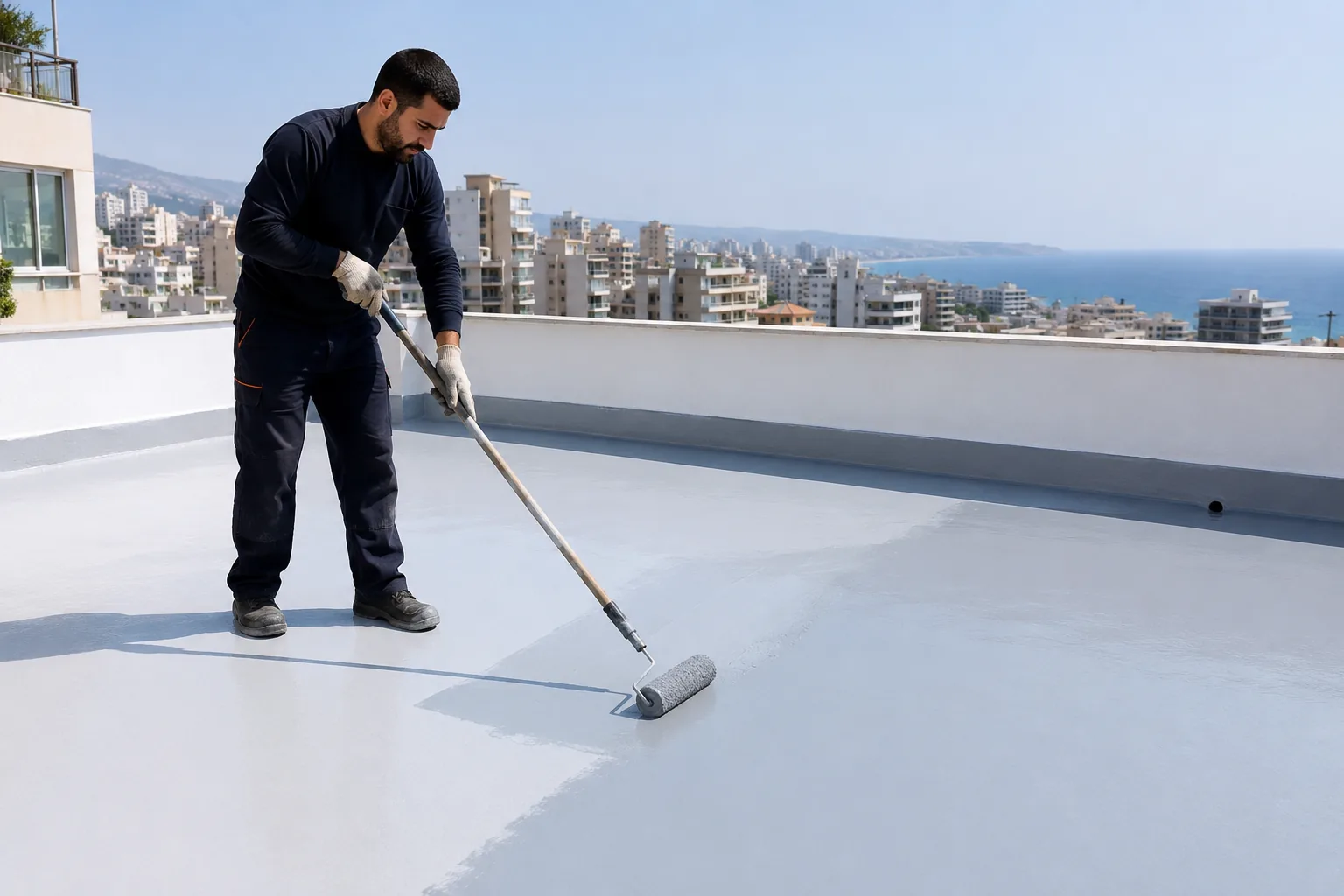 Waterproofing membrane applied before tiling in a bathroom