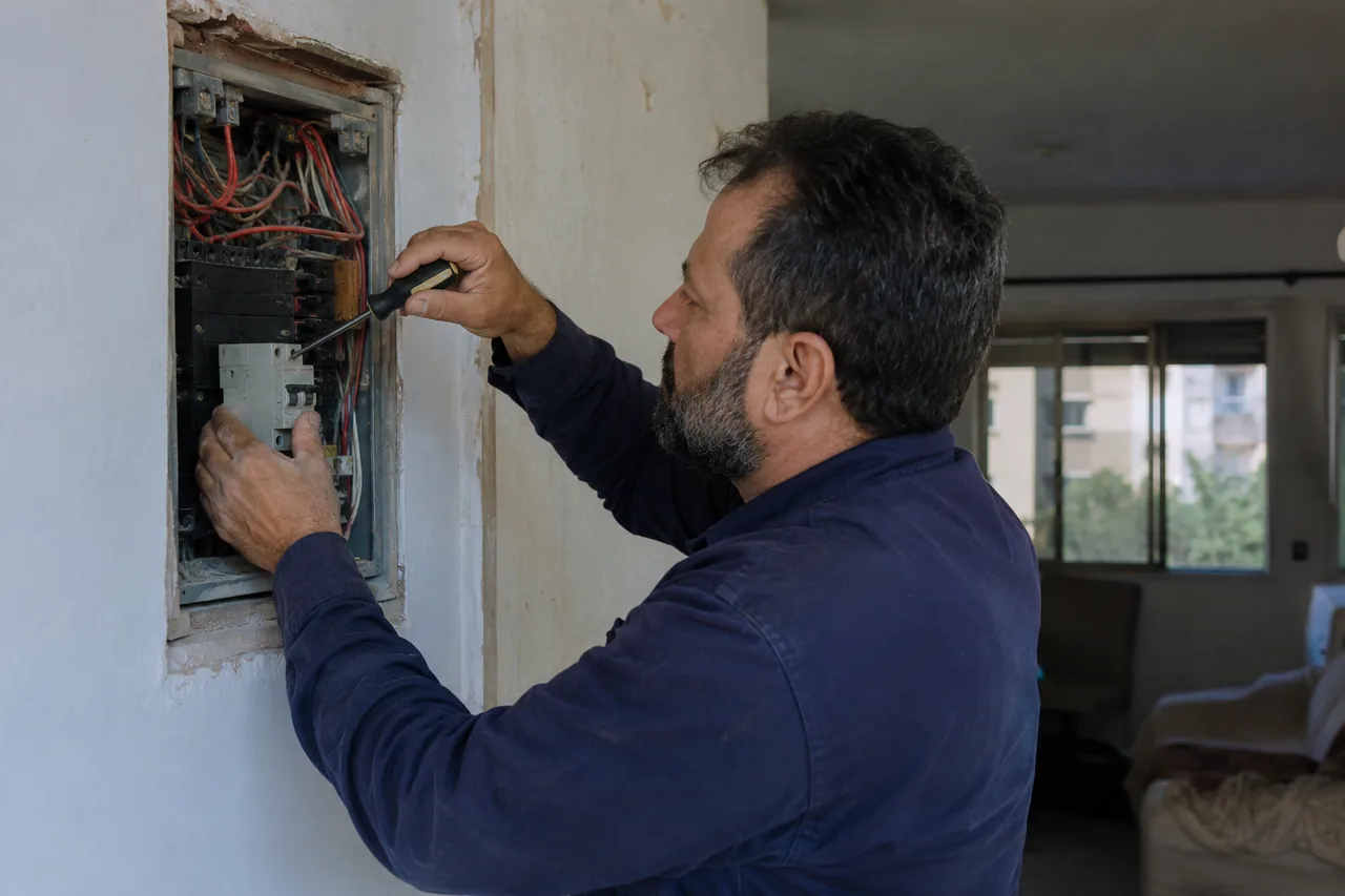 Electrician working on protection devices in a Lebanese apartment panel
