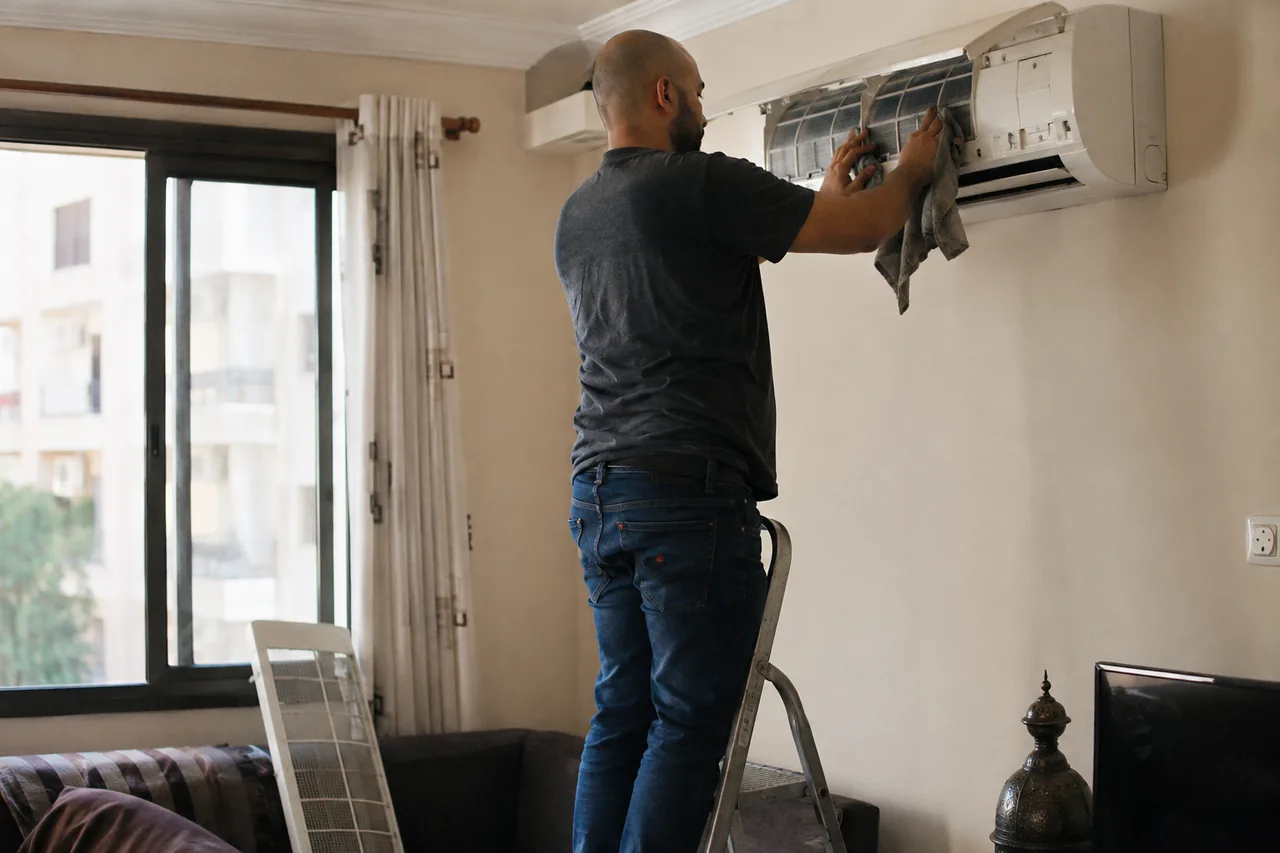 Air conditioning condenser unit being serviced