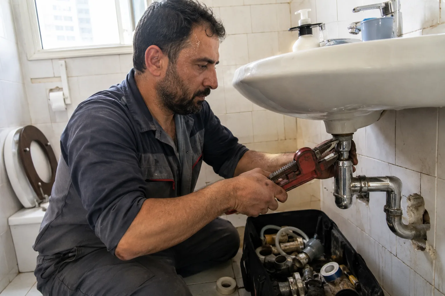 Plumber working on copper supply pipes in a Beirut apartment