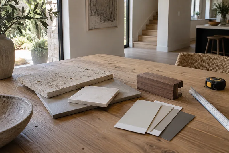 Stone, timber and finish samples for renovation planning